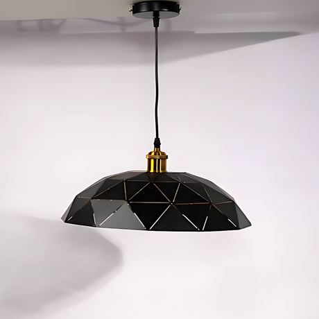 A black pendant light of the geometric dome pendant light with a gold accent at the top.