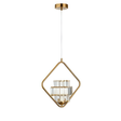 A single pendant light with a geometric gold frame surrounding a cylindrical glass shade, hanging from a white ceiling.