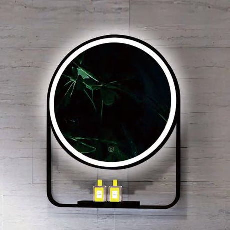 Round illuminated mirror with a shelf on a wooden wall