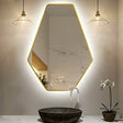 Hexagonal mirror with LED lighting in a bathroom setting