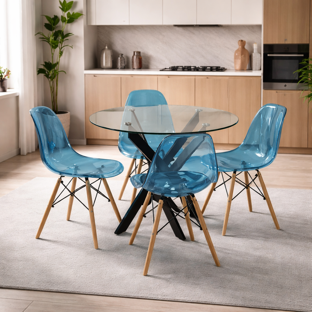 Modern Glass Table with Blue Chair, 90cm - JassourCo.