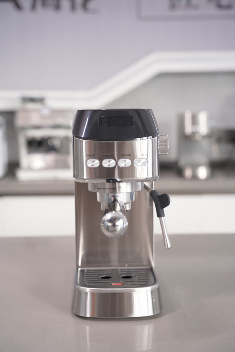 Stainless steel espresso machine on a kitchen counter