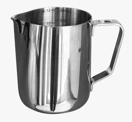 Stainless steel measuring cup with handle on a white background