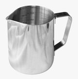 Stainless steel pitcher with measurement markings on a white background