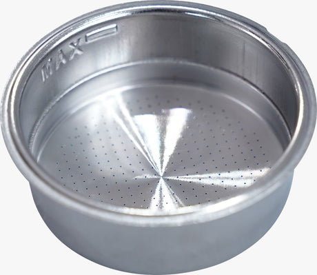 Stainless steel steamer basket with perforated design on a white background