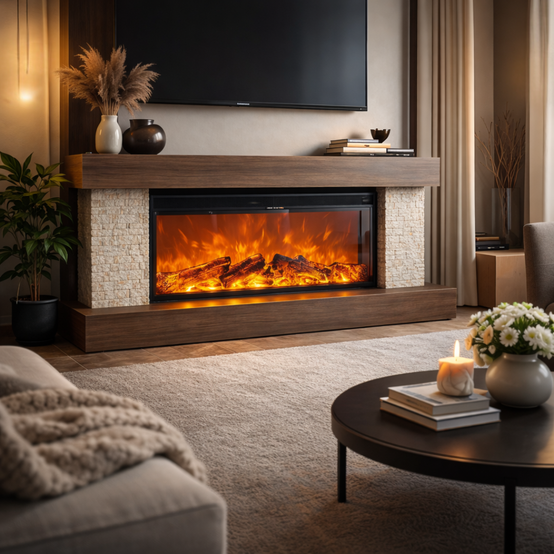 Modern Electric Fireplace with Wooden Frame & Realistic Log Flame - JassourCo.