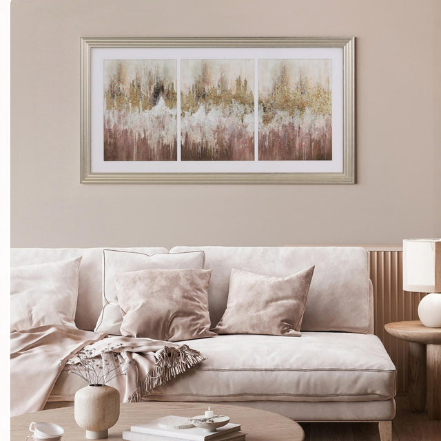 a framed abstract painting on the wall.