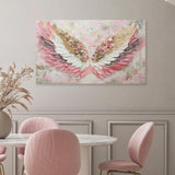 Dining room with pink chairs, marble table, and floral wing painting on wall.
