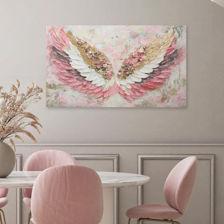 Dining room with pink chairs, marble table, and floral wing painting on wall.