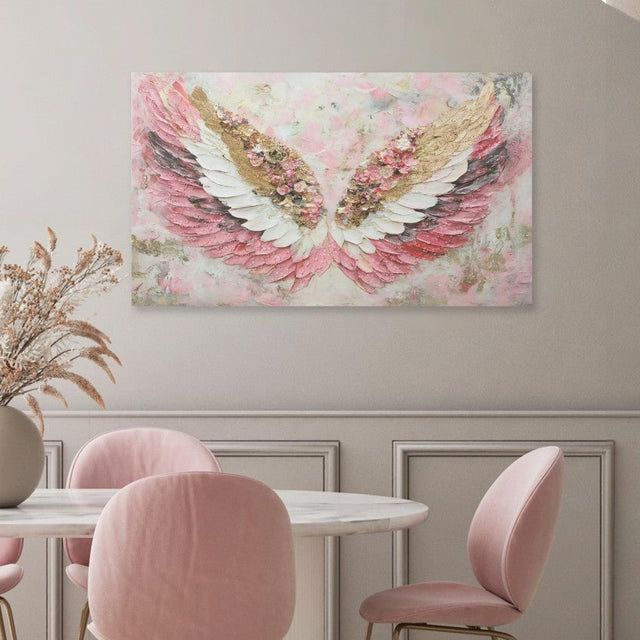 Dining room with pink chairs, marble table, and floral wing painting on wall.