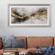 Brown leather sofa with a wooden coffee table in a living room setting, featuring a abstract painting on the wall.