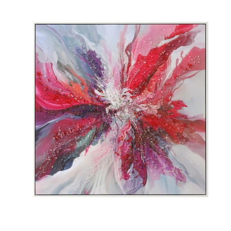 Abstract painting with vibrant red, pink, and purple colors on a white background