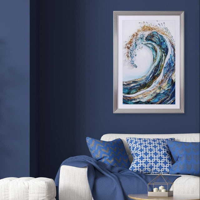 Living room with blue walls, white furniture, and decorative elements.