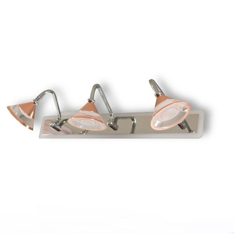 A modern three-light wall fixture with adjustable chrome and glass lampshades.