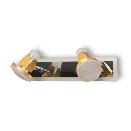 A minimalist two-light wall sconce with a sleek, rectangular reflective metal base, holding two adjustable yellow-toned cylindrical lampshades.
