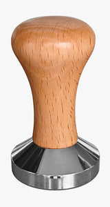 Wooden-handled metal tamp on a white background