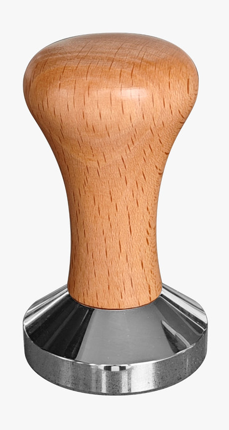 Wooden-handled metal tamp on a white background