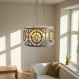 Decorative pendant light hanging in a room with a couch and plants.