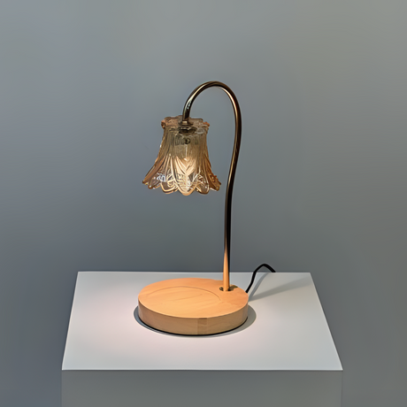 A vintage-inspired table lamp with a curved bronze arm holding a delicate bell-shaped glass shade, sitting on a round wooden base. Placed on a round white table.