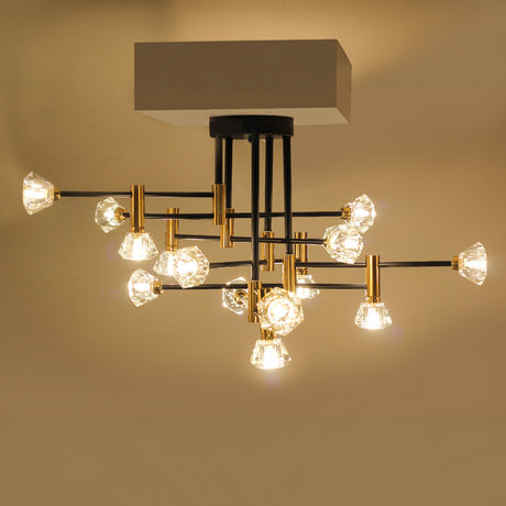 A modern  chandelier with multiple exposed bulbs, black metal rods, and gold accents.