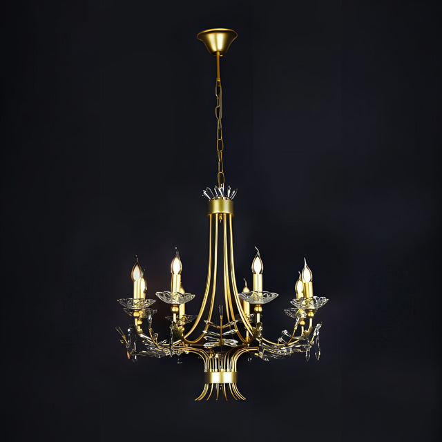 A classic gold chandelier with candle-style lights and intricate metalwork.