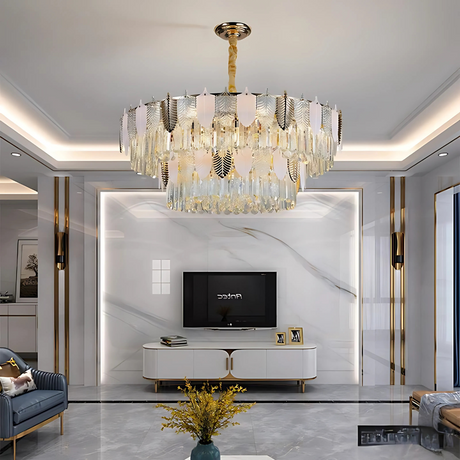 A grand chandelier hanging in a modern living room, enhancing the space with its elegant gold and crystal design, complementing the luxurious interior décor.