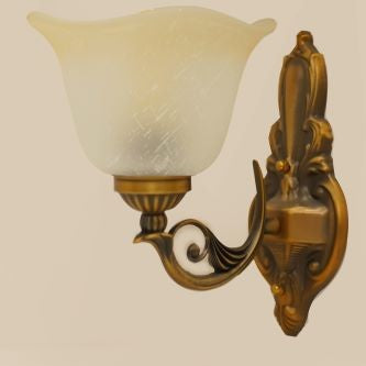 A classic gold wall sconce with a curved arm and frosted glass shade, featuring intricate detailing on the mounting plate.

