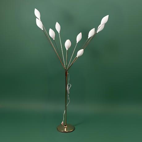 A floor lamp with a metal stand and multiple petal-like white plastic bulbs, arranged like a blooming tree.