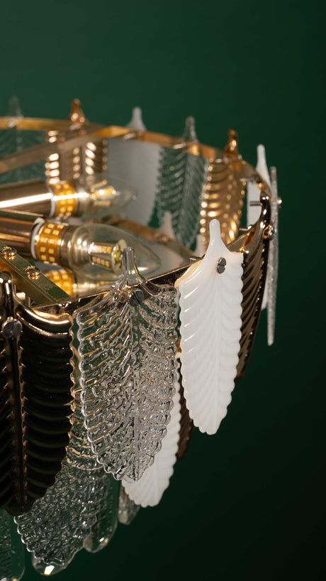 A close-up of the chandelier’s internal structure, revealing the metal frame, secured glass ornaments, and LED light fixtures that provide radiant illumination.