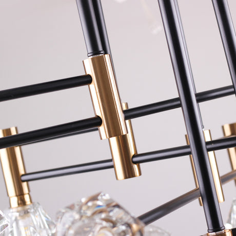 A zoomed-in view of an industrial chandelier with black rods and gold cylindrical connectors.