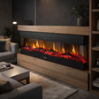 Modern living room with a wooden electric fireplace.