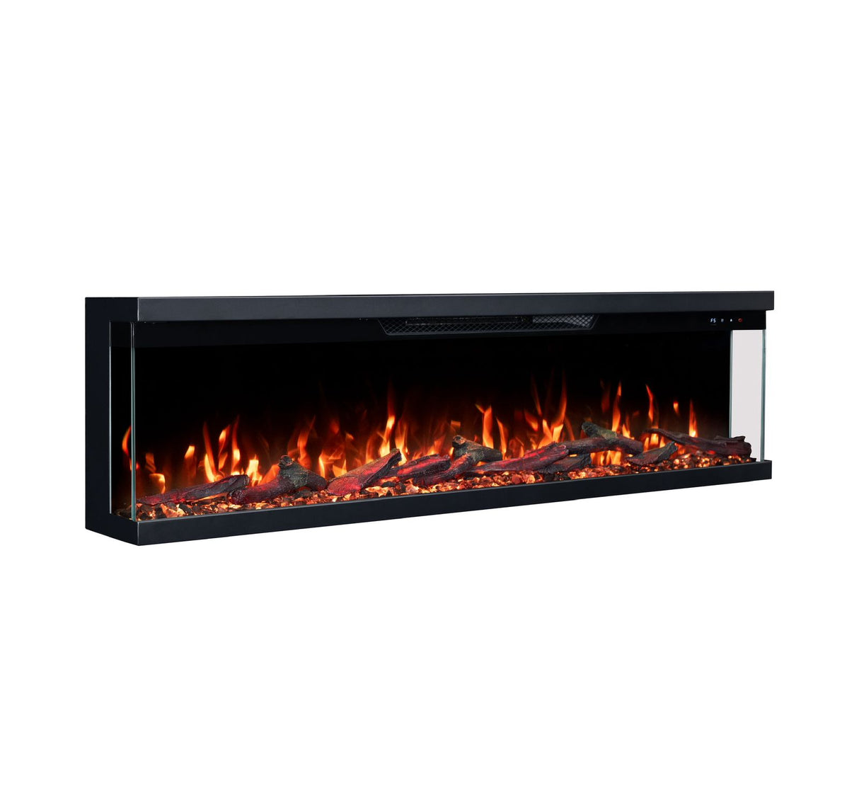 Electric fireplace with glowing logs on a white background