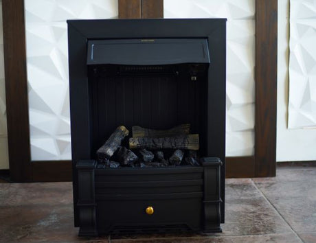  A black freestanding electric fireplace with a closed front, featuring artificial logs inside.