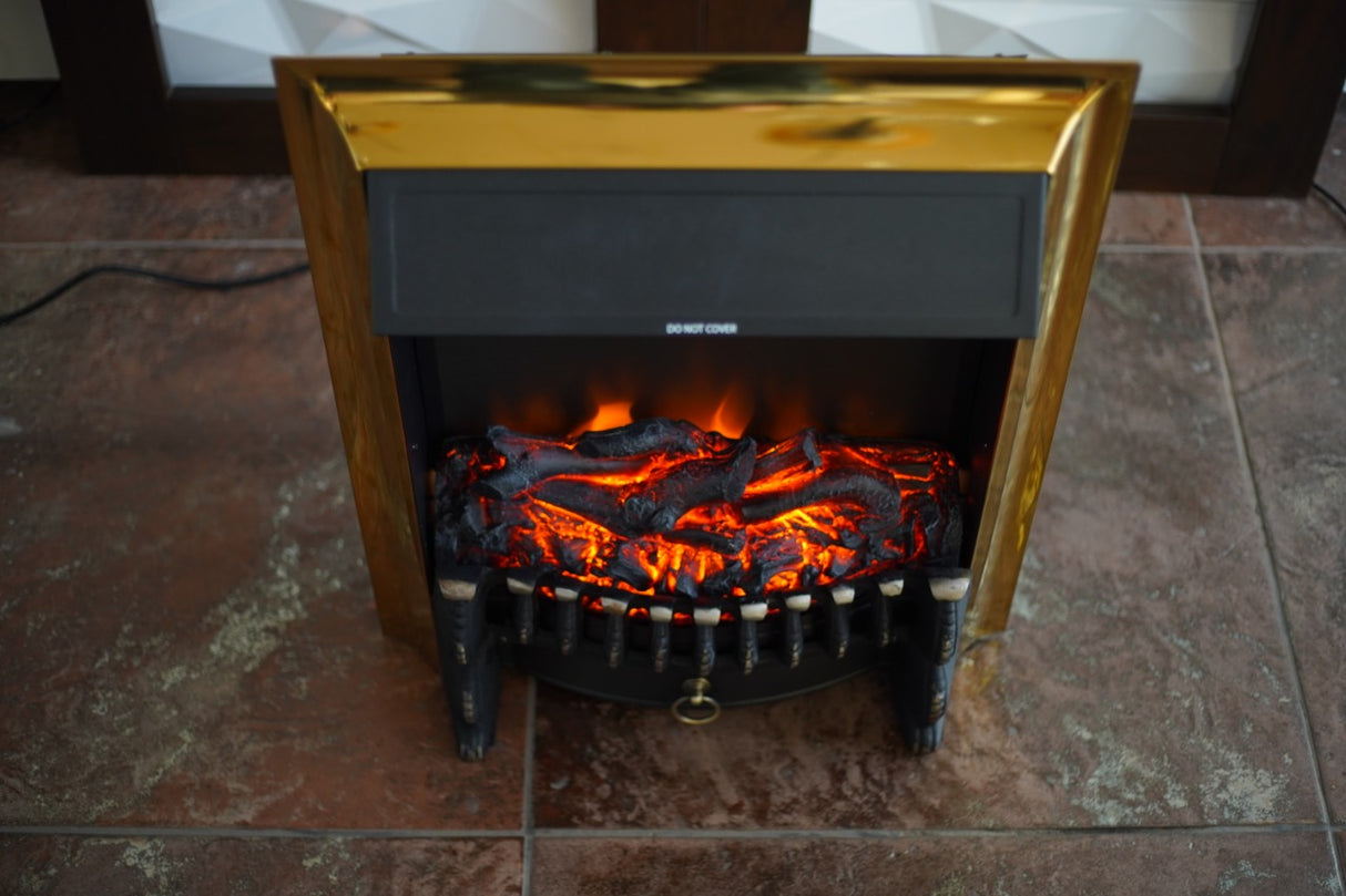  A compact electric fireplace with a black and gold design, glowing red ember effect, and a modern aesthetic.