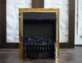 A black electric fireplace with a golden frame, featuring artificial logs inside but no active flame.