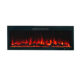  A simple rectangular electric fireplace with glowing red and orange flames, set against a white background.