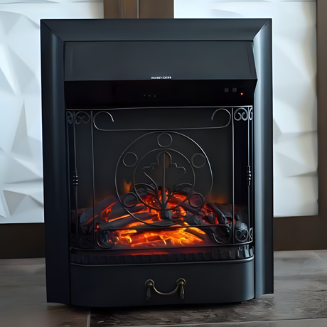 A black freestanding electric fireplace with an intricate metal design on the front and glowing embers inside.