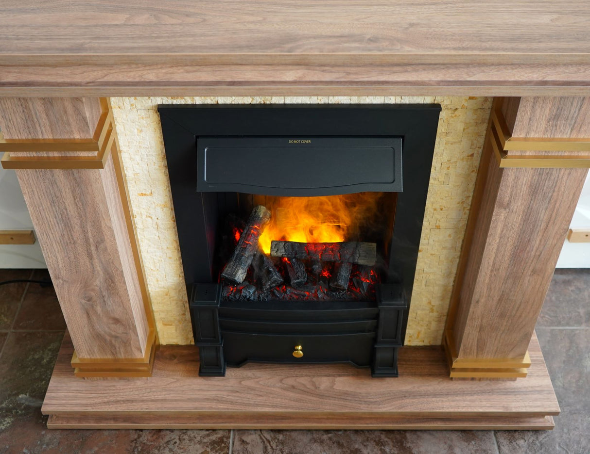 A black electric fireplace with visible flames, set in a wooden mantel with golden accents, evoking a classic and cozy ambiance.