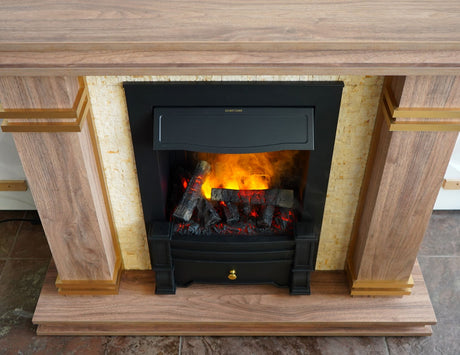 A black electric fireplace with visible flames, set in a wooden mantel with golden accents, evoking a classic and cozy ambiance.