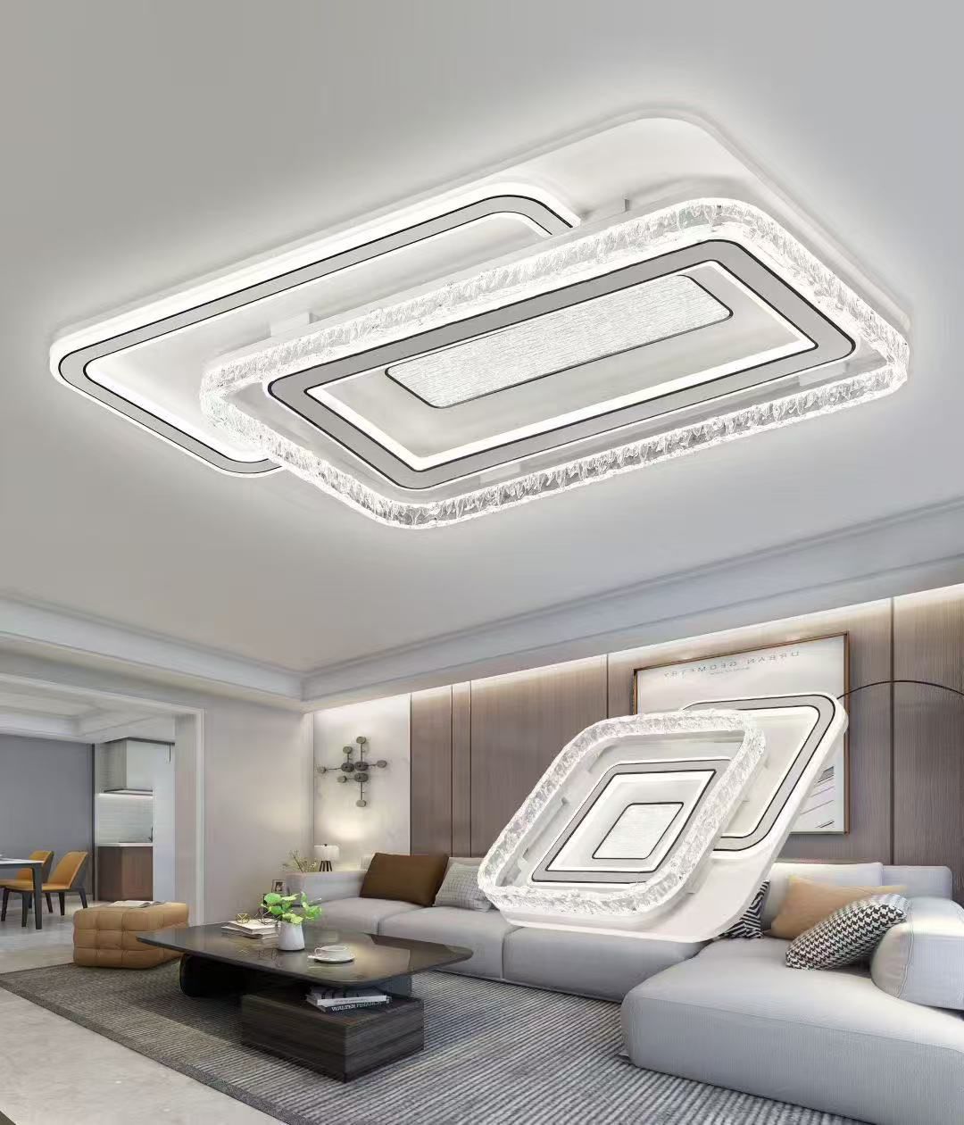 Modern living room with a stylish ceiling light fixture.