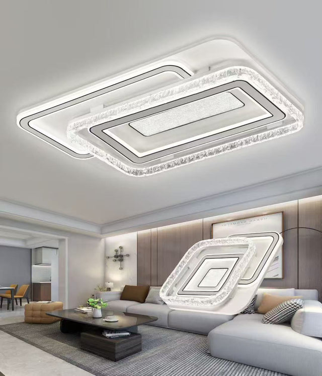 Modern living room with a stylish ceiling light fixture.