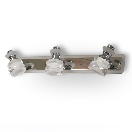 A sleek and contemporary triple-led bulb chrome wall light fixture with clear glass shades, mounted on a metallic base.