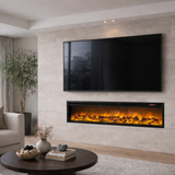 Modern living room with a wall-mounted electric fireplace and TV.