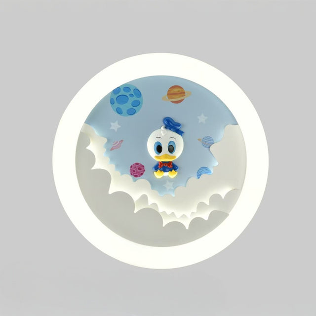 Cartoon character on a blue background with planets and stars, framed by a white circle on a gray background.