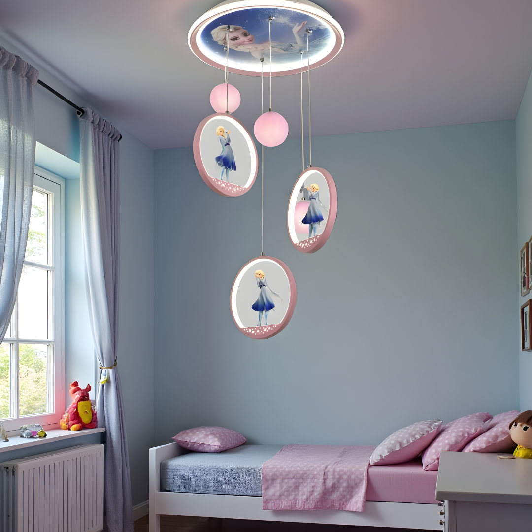 Children's bedroom with decorative ceiling lights featuring cartoon characters.
