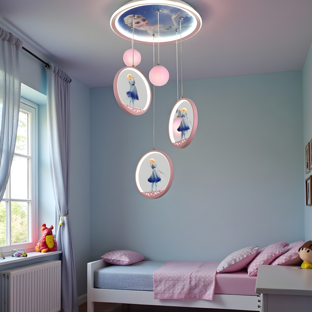 Children's bedroom with decorative ceiling lights featuring cartoon characters.