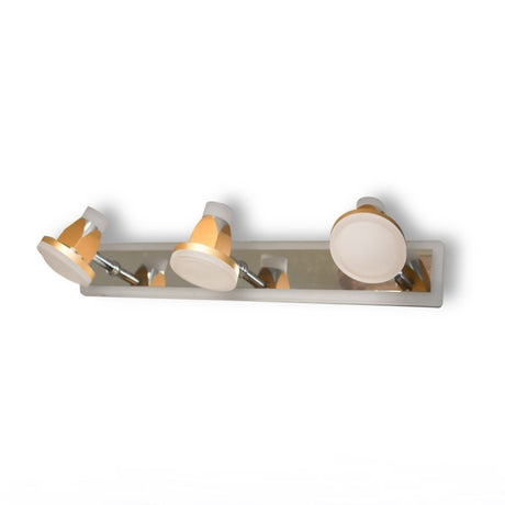 A contemporary three-light wall fixture with a polished metal base, featuring white and gold adjustable lampshades shaped like small spotlights.