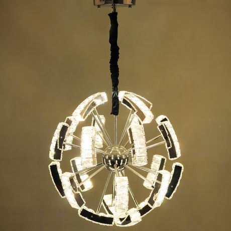 A contemporary circular crystal pendant chandelier with a layered design, featuring clear glass panels and a mirrored frame, suspended against a light background.