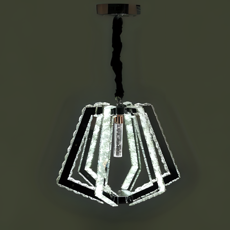 A contemporary geometric crystal pendant chandelier with a polygonal layered design featuring clear glass and mirrored frame, illuminated with bright white light.