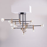 A stylish, modern chandelier with an angular black metal frame, gold details, and multiple glowing bulbs.